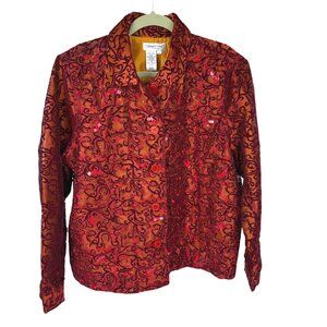 Coldwater Creek Red Tonal Scroll Embellished Jacket Top Button Blazer 1X Vintage